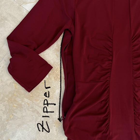 Roberto Cavalli V Neck Burgundy Gathered Accents Midi Sheath Dress - Picture 9 of 11